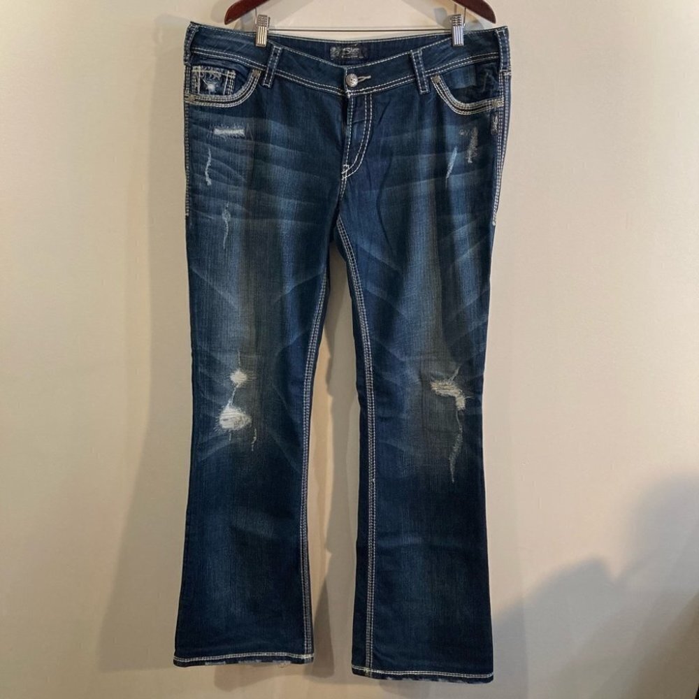 SILVER JEANS CO Sz 38 x 37 Suki 17” Distressed Thick Stitch 9.5” Rise Jeans